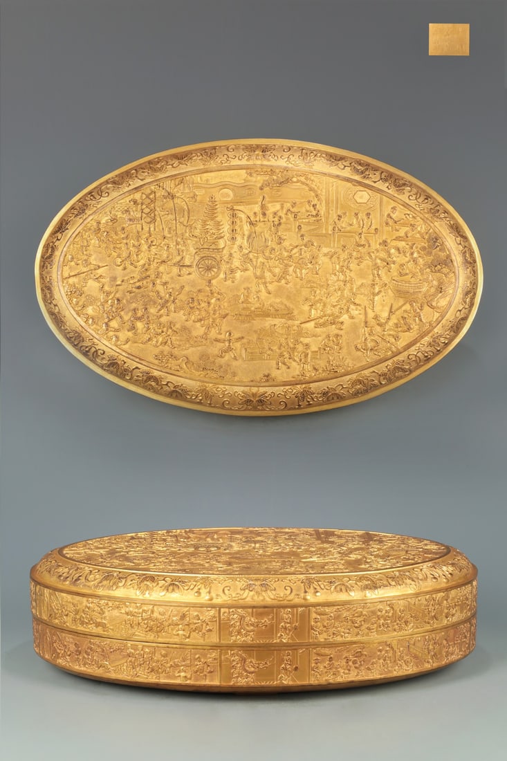 A Huge Gilt Bronze Character and Story Pattern Cover Box: A Huge Gilt Bronze Character and Story Pattern Cover Box,Qing Dynasty, China,Size:4.9inx17.7inx11in,Weight:8.8kg 铜鎏金人物故事纹盖盒,ߑ