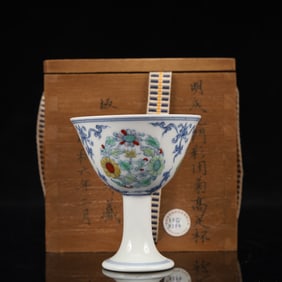 An Exquisite Blue and White Famille-Rose Flower Pattern Stem Cup
