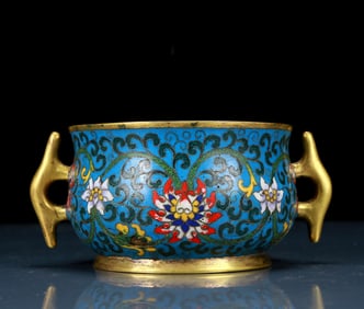 An exquisite cloisonné double-eared censer with twining lotus patterns
