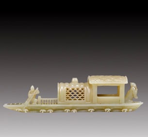 An Exquisite Greenish Jade Boat Ornament
