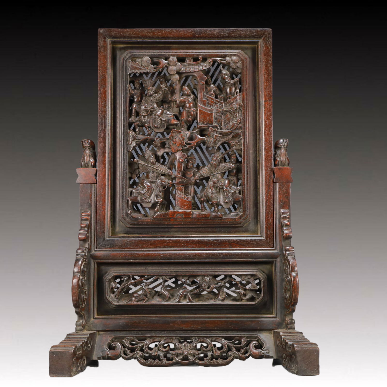 An Exquisite Zitanwood Hollow Character and Story Pattern Table Screen (1 of 9)