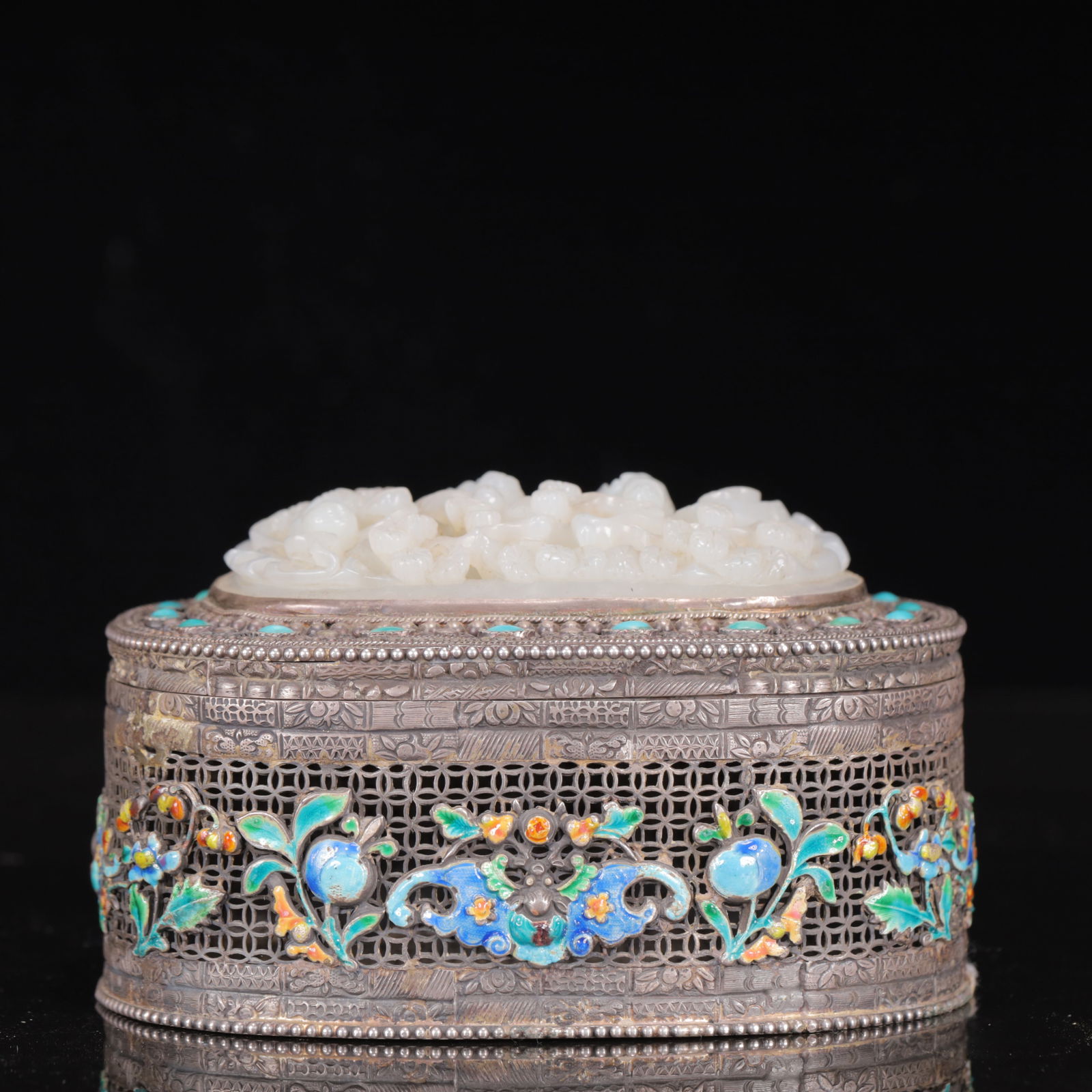 An Exquisite Silver Inlaid White Jade Flower and Fruit Pattern White Jade Box (1 of 9)