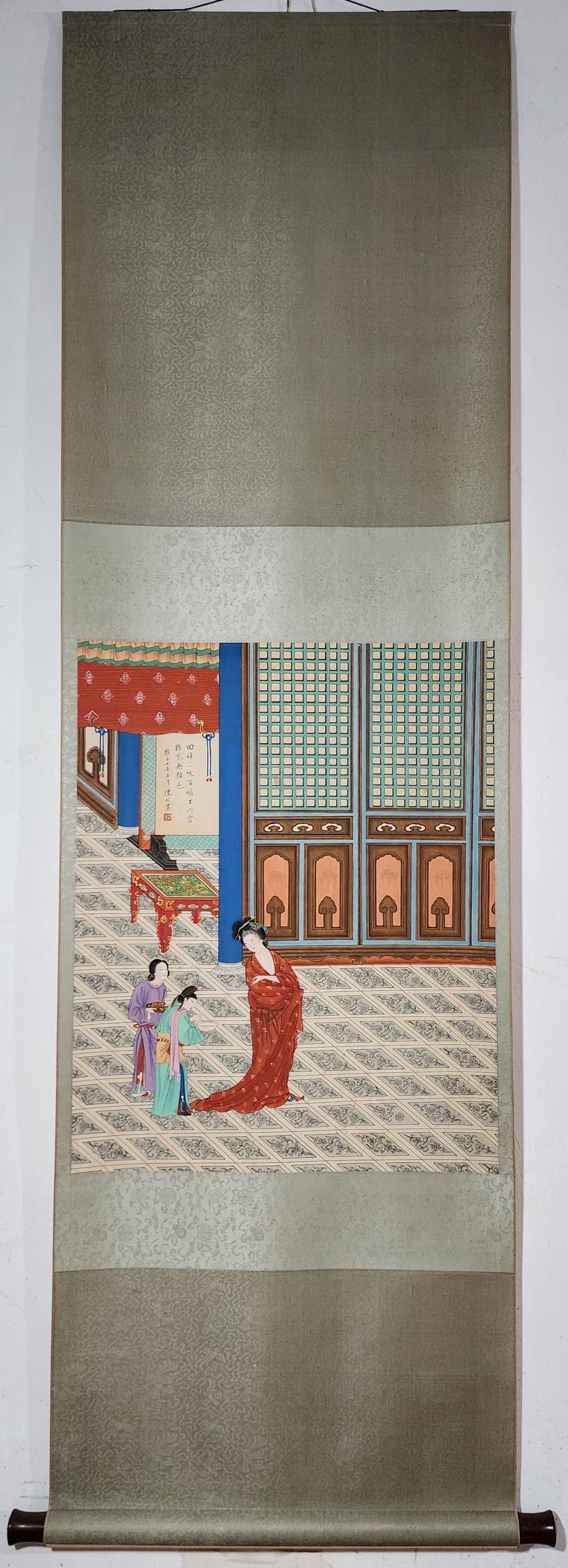 A Chinese Vertical Scroll Ink Painting of Woman on Paper,Chen Mei: A Chinese Vertical Scroll Ink Painting of Woman on Paper,Chen Mei,Size:(Without frame)66cmx53cm 