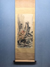 A Chinese Vertical Scroll Ink Painting of Landscape and Figure on Paper,Liu Lingcang
