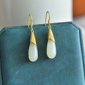 A Pair of Exquisite Sterling Silver-Gold Plated Inlaid White Jade Earrings