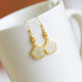 A Pair of Exquisite Sterling Silver-Gold Plated Inlaid White Jade Earrings