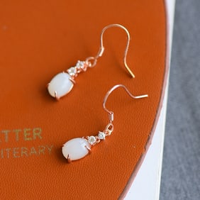 A Pair of Exquisite Sterling Silver-Gold Plated Inlaid White Jade Earrings