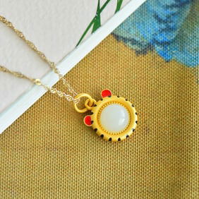 An Exquisite Sterling Silver-Gold Plated Inlaid White Jade Enamel Pendant