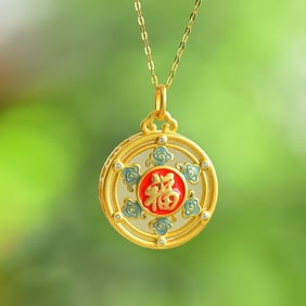 An Exquisite Sterling Silver-Gold Plated Inlaid White Jade Pendant