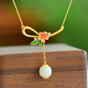 An Exquisite Sterling Silver-Gold Plated Inlaid White Jade Enamel Necklace