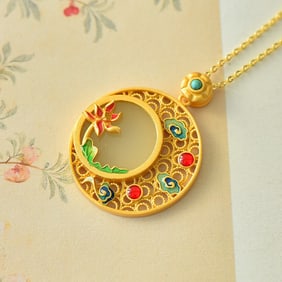 An Exquisite Sterling Silver-Gold Plated Inlaid White Jade Pendant