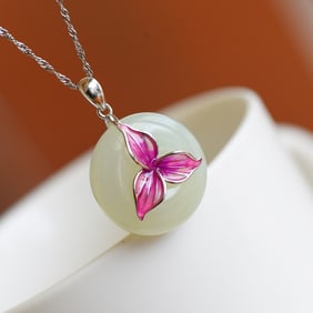 An Exquisite Sterling Silver-Gold Plated Inlaid White Jade Enamel Pendant
