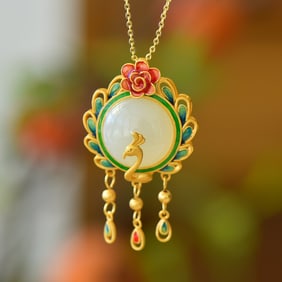 An Exquisite Sterling Silver-Gold Plated Inlaid White Jade Enamel Pendant