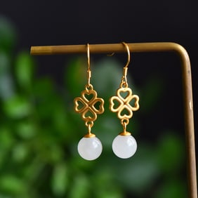 A Pair of Exquisite Sterling Silver-Gold Plated Inlaid White Jade Earrings