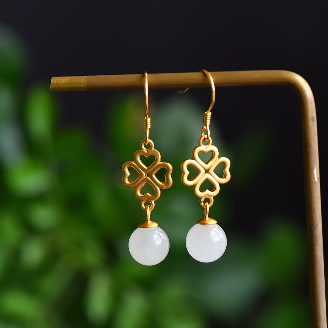 A Pair of Exquisite Sterling Silver-Gold Plated Inlaid White Jade Earrings: A Pair of Exquisite Sterling Silver-Gold Plated Inlaid White Jade Earrings, 一对纯银镀金镶白玉耳环