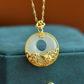 An Exquisite Sterling Silver-Gold Plated Inlaid White Jade Pendant