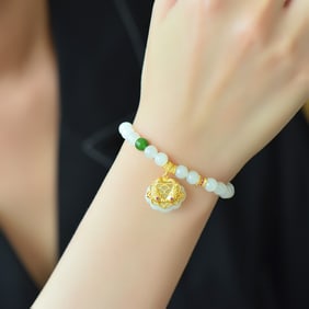 An Exquisite Sterling Silver-Gold Plated Inlaid White Jade Bracelet