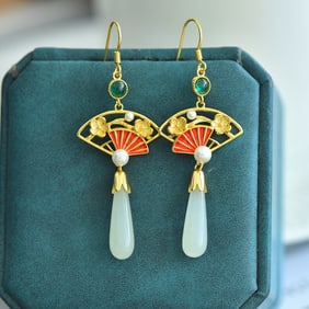 A Pair of Exquisite Sterling Silver-Gold Plated Inlaid White Jade Enamel Earrings