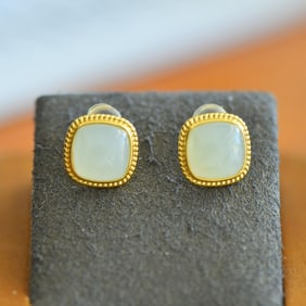 A Pair of Exquisite Sterling Silver-Gold Plated Inlaid White Jade Earrings