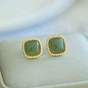 A Pair of Exquisite Sterling Silver-Gold Plated Inlaid Greenish Jade Earrings