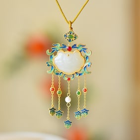 An Exquisite Sterling Silver-Gold Plated Inlaid White Jade Pendant