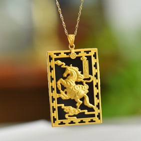 An Exquisite Sterling Silver-Gold Plated Inlaid Black Jade Pendant
