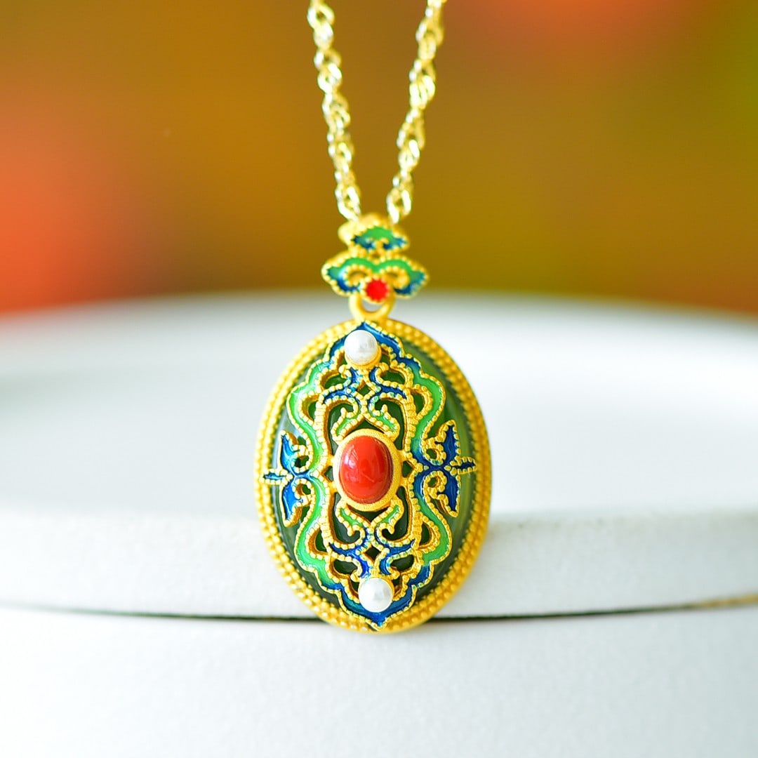 An Exquisite Sterling Silver-Gold Plated Inlaid Jasper Pendant,Inlaid Pearl: An Exquisite Sterling Silver-Gold Plated Inlaid Jasper Pendant,Inlaid Pearl,Size:13mmx18mm 纯银镀金镶碧玉吊坠,嵌珍珠