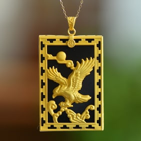 An Exquisite Sterling Silver-Gold Plated Inlaid Black Jade Pendant