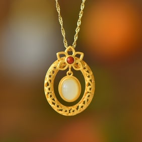 An Exquisite Sterling Silver-Gold Plated Inlaid White Jade Pendant