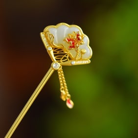 An Exquisite Sterling Silver-Gold Plated Inlaid White Jade Enamel Hairpin