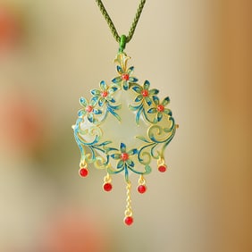 An Exquisite Sterling Silver-Gold Plated Inlaid White Jade Enamel Pendant