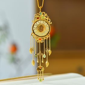 An Exquisite Sterling Silver-Gold Plated Inlaid White Jade Pendant