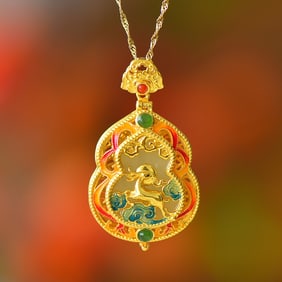 An Exquisite Sterling Silver-Gold Plated Inlaid White Jade Pendant