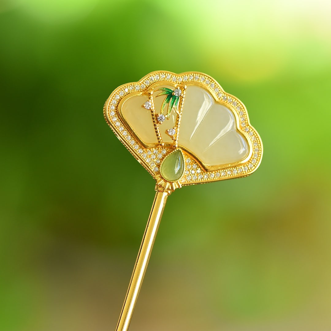 An Exquisite Sterling Silver-Gold Plated Inlaid White Jade Enamel Hairpin: An Exquisite Sterling Silver-Gold Plated Inlaid White Jade Enamel Hairpin, 纯银镀金镶白玉珐琅发簪
