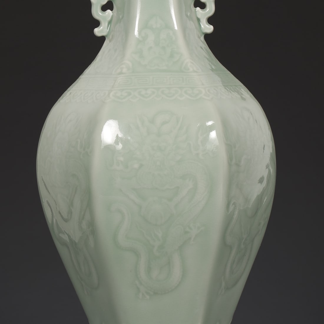 A Huge Celadon Glazed Dragon Pattern Double-Ears Vase - 4