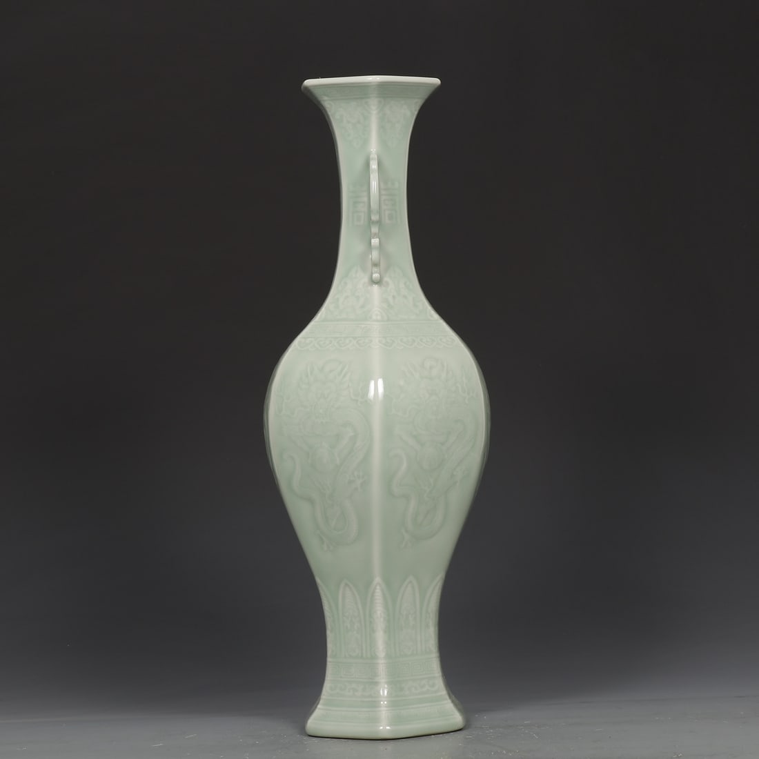 A Huge Celadon Glazed Dragon Pattern Double-Ears Vase - 5