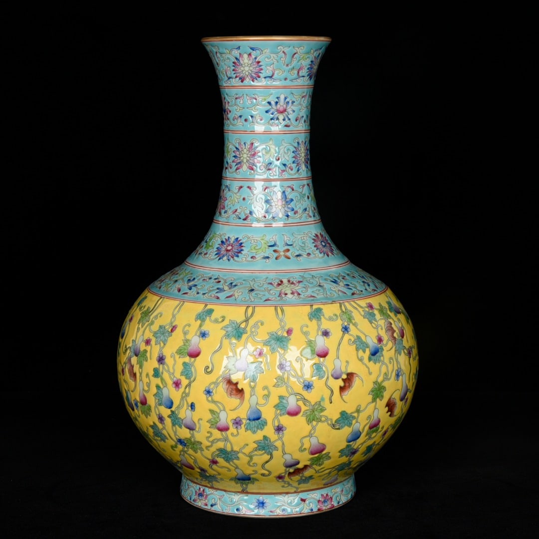 A Rare Enamel Yellow Ground Turquoise Ground Painted Gold Bats and Gourd Pattern Vase: A Rare Enamel Yellow Ground Turquoise Ground Painted Gold Bats and Gourd Pattern Vase,Qing Dynasty, China,Qianlong Four-character Mark,Size:12.6inx8.7in 珐琅彩黄地松
