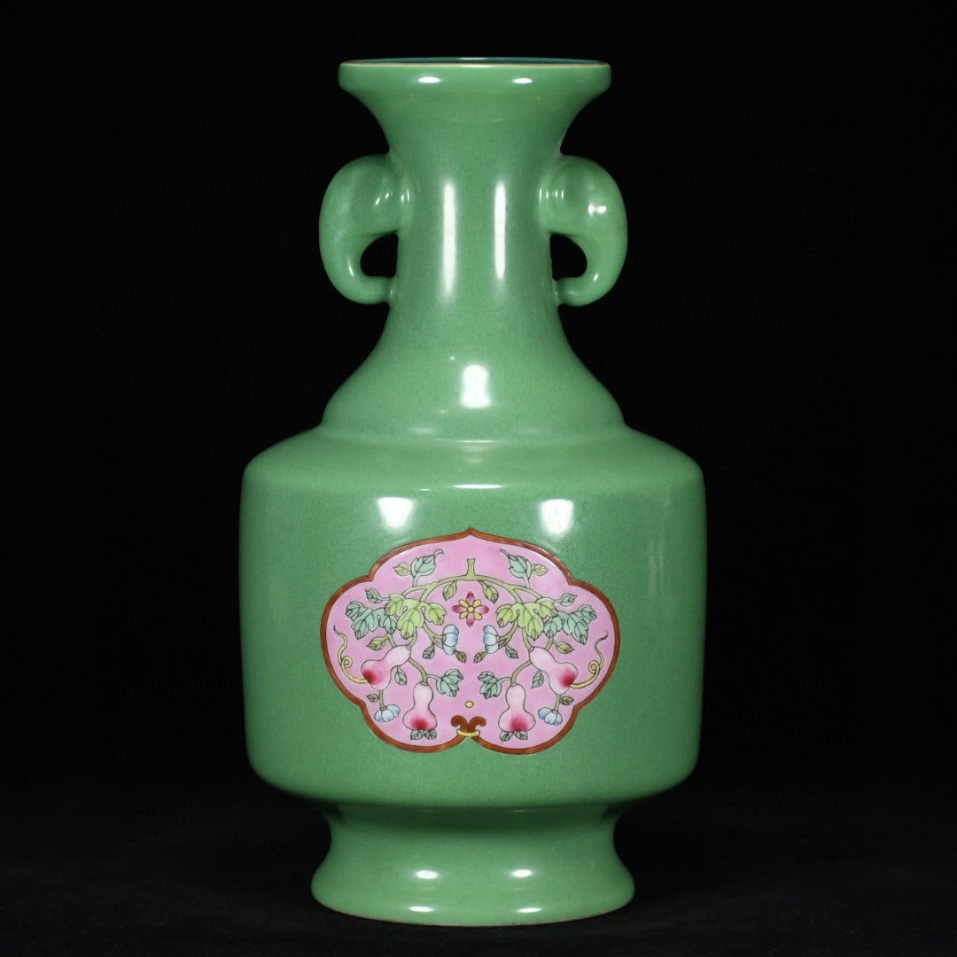 An Exquisite Green Glazed Famille-Rose Painted Gold Gourd Pattern Elephant-Ears Vase (1 of 8)