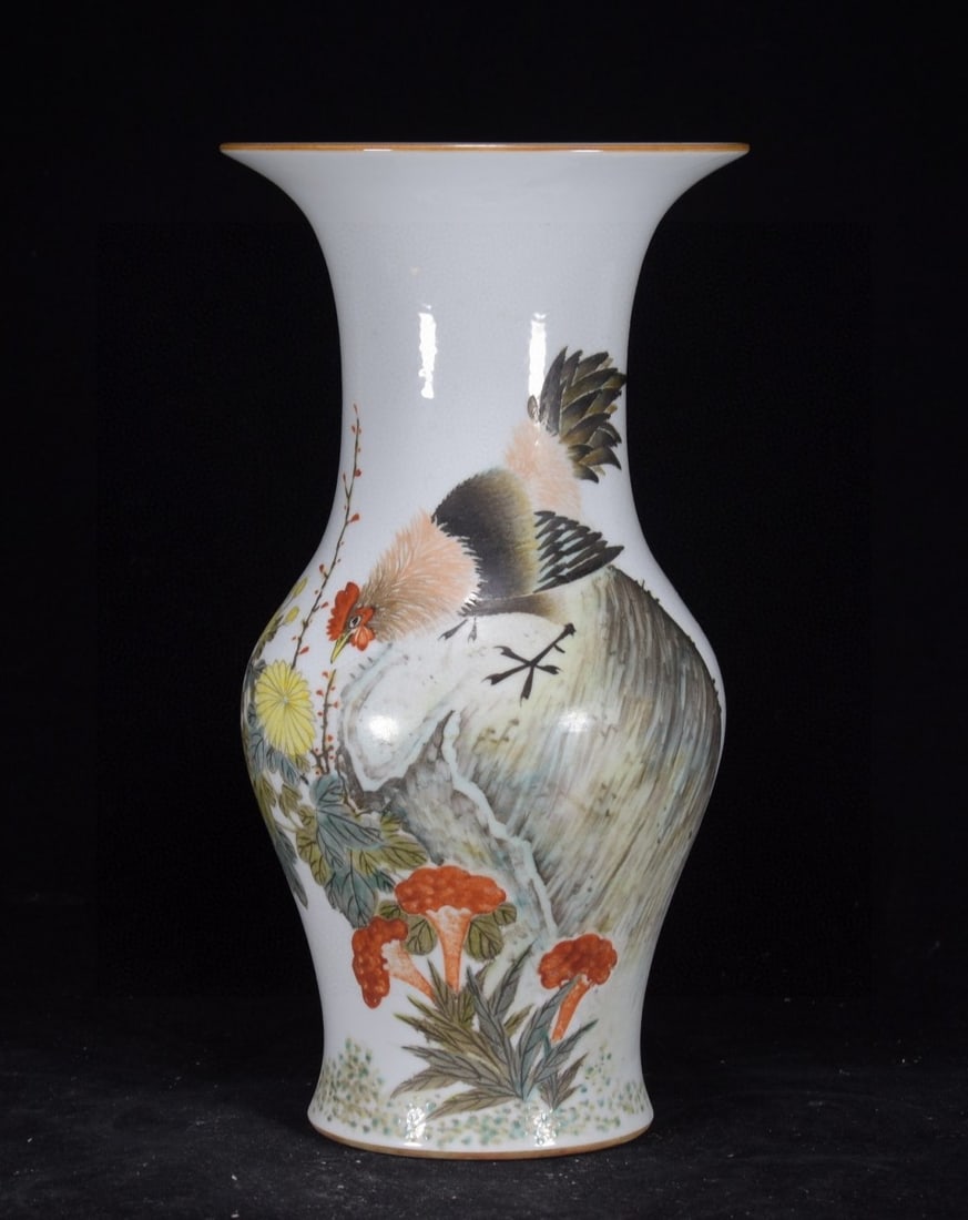 A Rare Light Crimson Color Flower and Rooster Pattern Vase,With Poem (1 of 8)