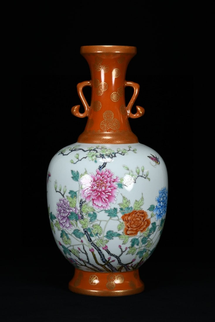 A Huge Iron-Red Glazed Painted Gold Famille-Rose Flower and Butterfly Pattern Ruyi-Ears Vase (1 of 9)