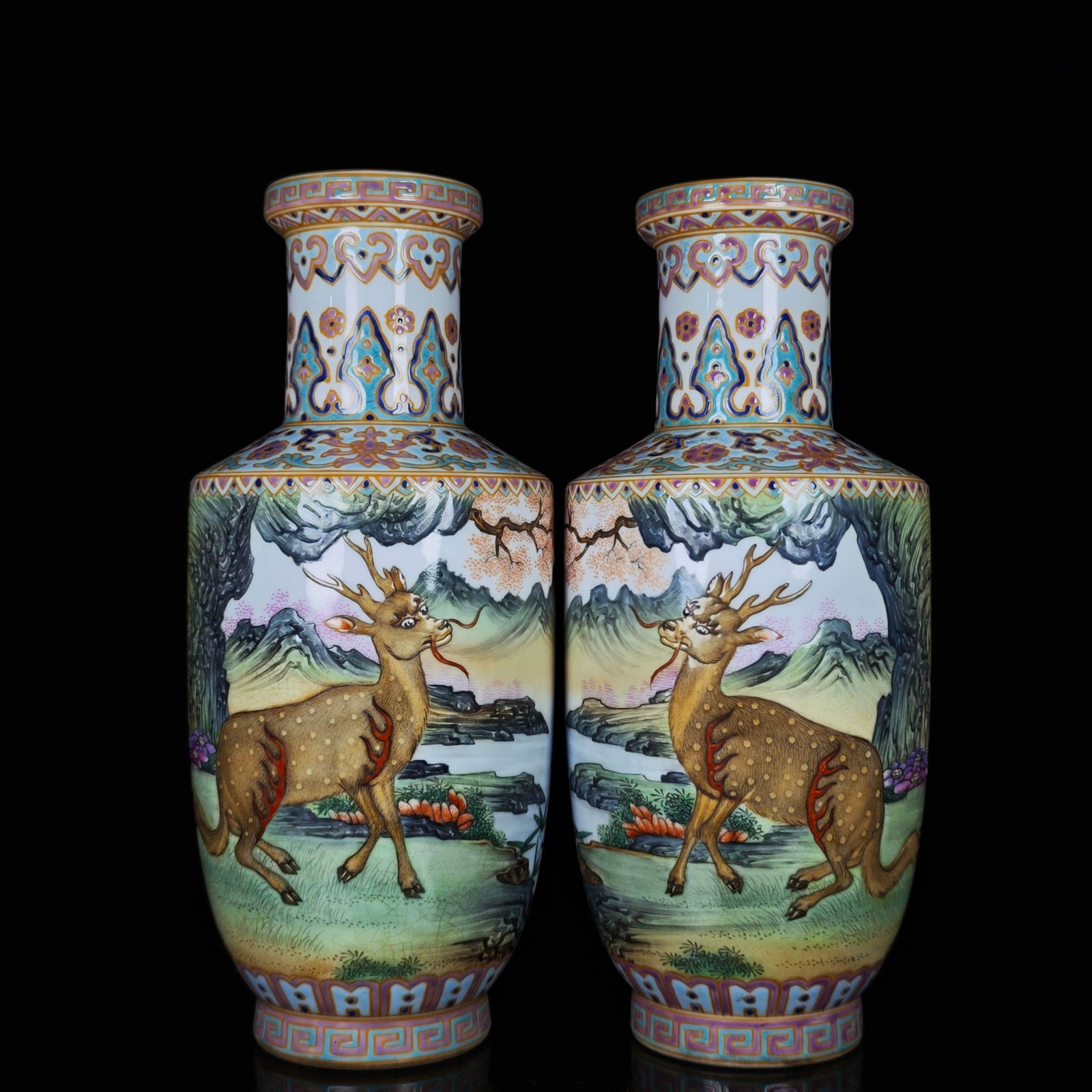 A Pair of Exquisite Enamel Painted Gold Kylin Pattern Vases,With Poem: A Pair of Exquisite Enamel Painted Gold Kylin Pattern Vases,With Poem,Qing Dynasty, China,Qianlong Six-character Mark,Size:9.6inx4.1in 一对珐琅彩描金麒&