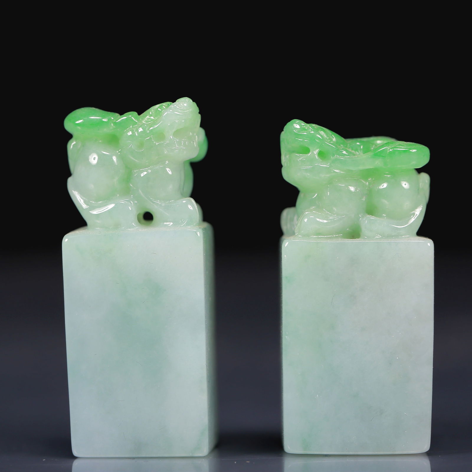 A Pair of Natural Jadeite Auspicious Beast Pattern Seals (1 of 6)