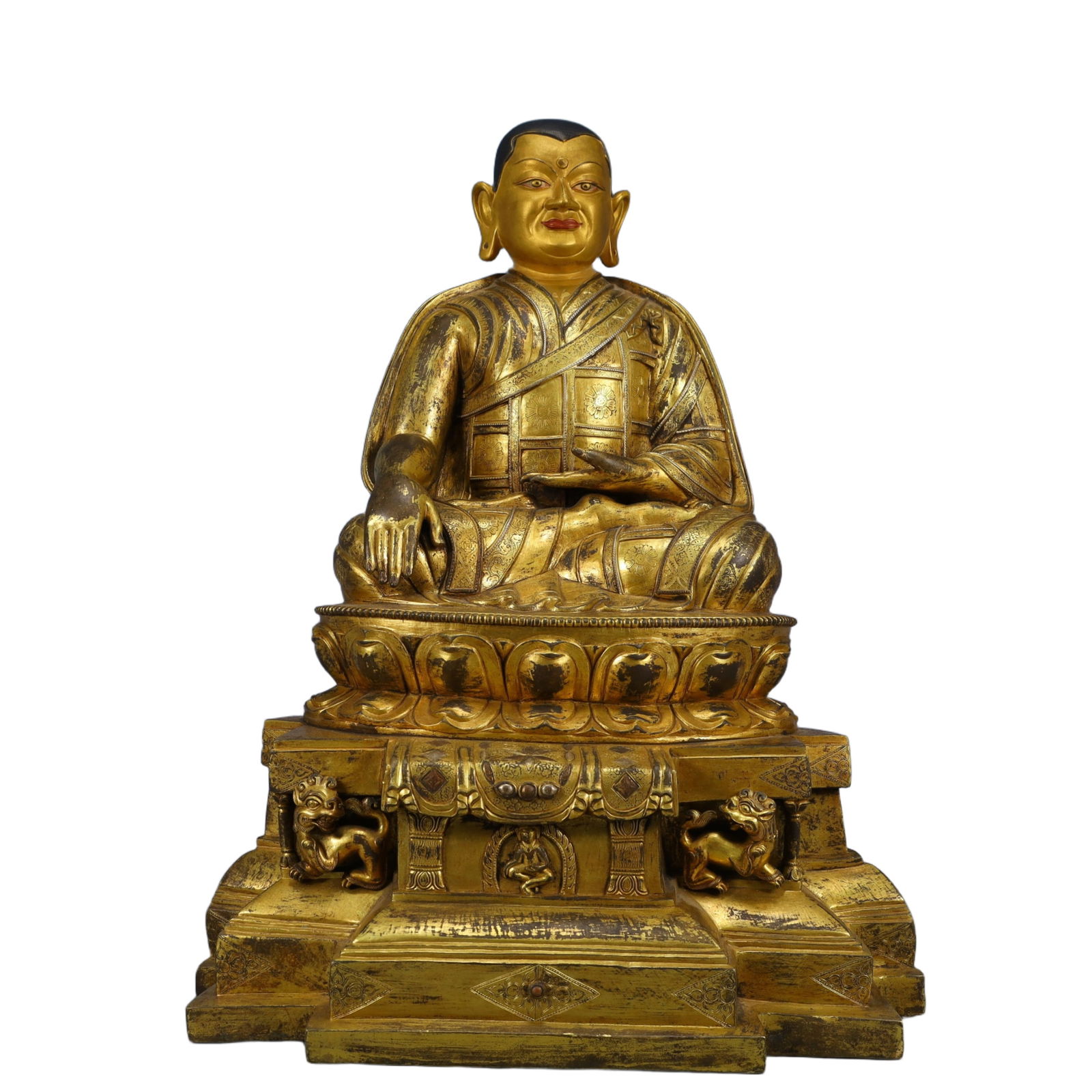 A Solemn Gilt Bronze Statue of Guru,With Inscription: A Solemn Gilt Bronze Statue of Guru,With Inscription,Qing Dynasty, China,Size:15inx11.4inx19.7in,Weight:18850g 