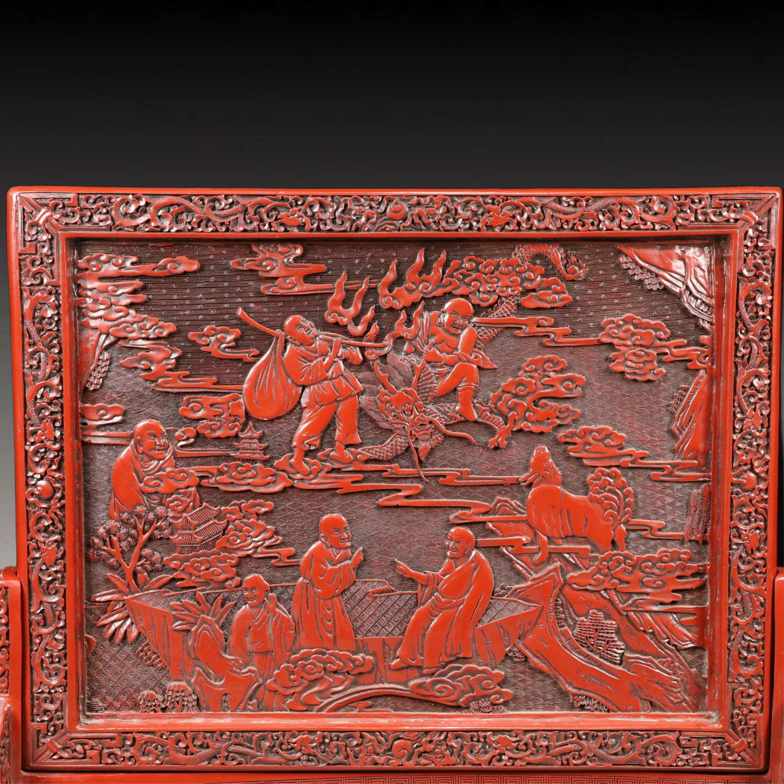 A Rare Carved Red Lacquer Arhat Pattern Table Screen - 2