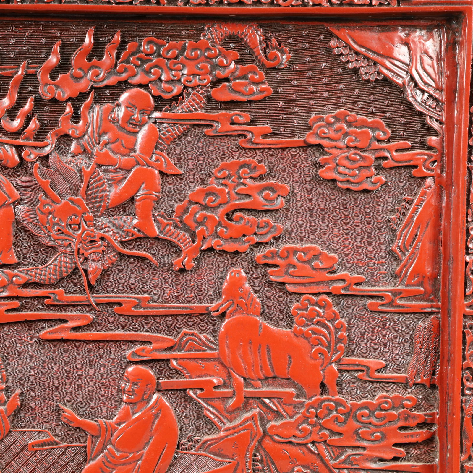 A Rare Carved Red Lacquer Arhat Pattern Table Screen - 4