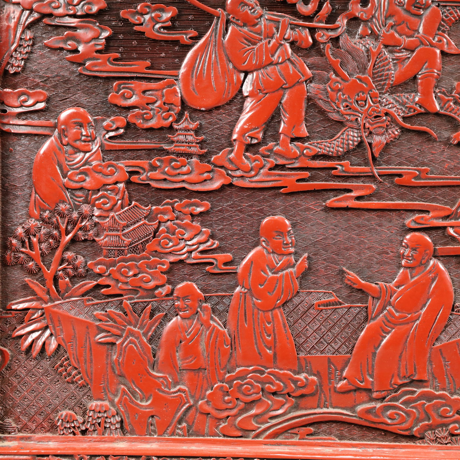 A Rare Carved Red Lacquer Arhat Pattern Table Screen - 6