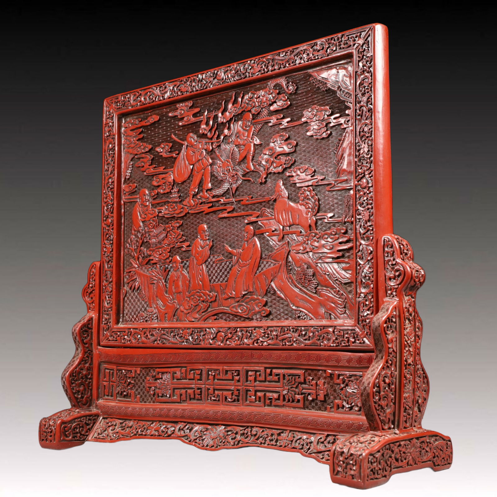 A Rare Carved Red Lacquer Arhat Pattern Table Screen - 7