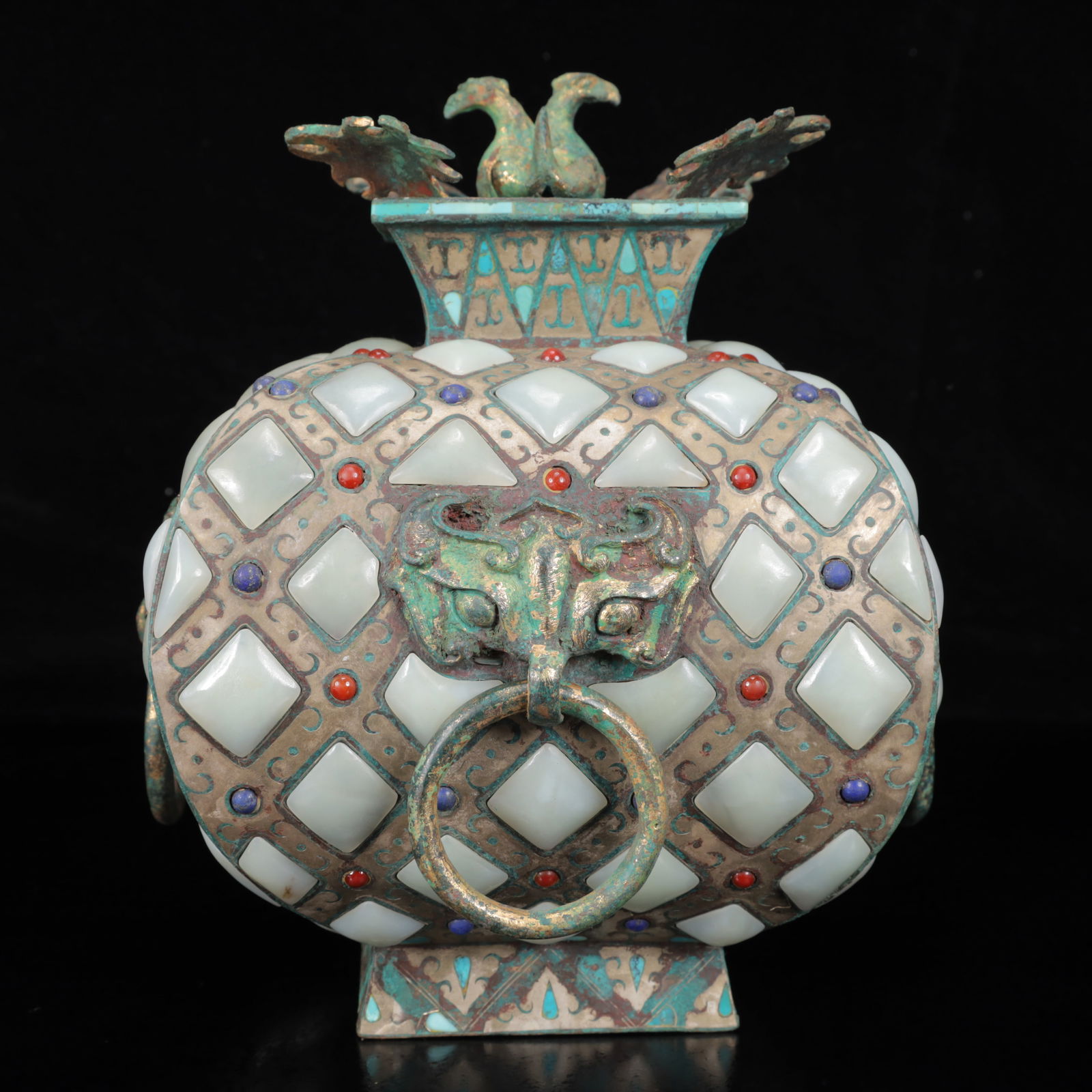 An Archaic Bronze Inlaid Gold and Silver Elephant-Ears Censer,Inlaid Gems: An Archaic Bronze Inlaid Gold and Silver Elephant-Ears Censer,Inlaid Gems,The Warring States period in China,With Mark,Size:7.9inx9.1in,Weight:4300g 