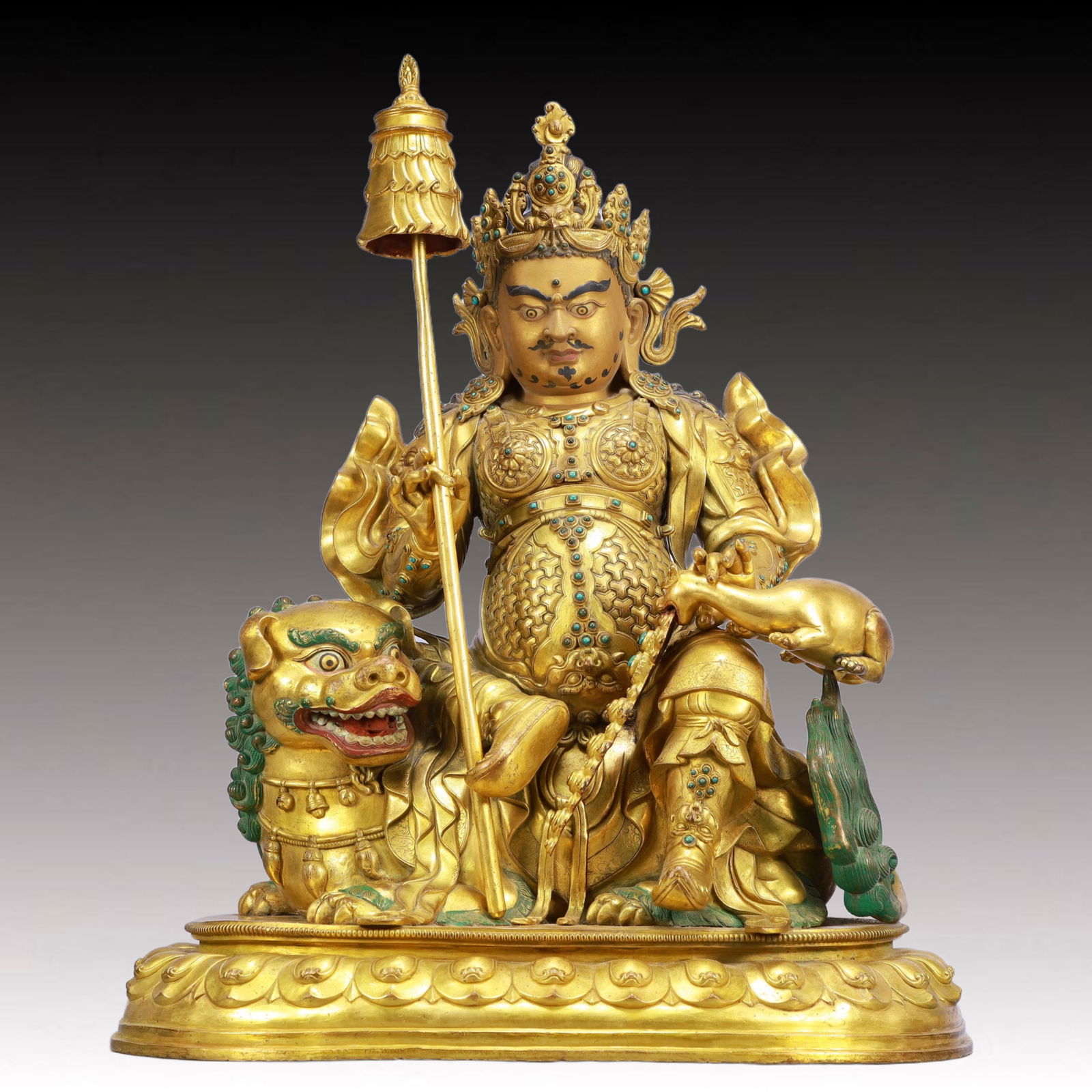 A Solemn Gilt Bronze Statue of Mammon Rides the Lion,Inlaid Turquoise: A Solemn Gilt Bronze Statue of Mammon Rides the Lion,Inlaid Turquoise,Qing Dynasty, China,Qianlong Mark,Size:20.9inx12.2inx25.2in,Weight:36950g 