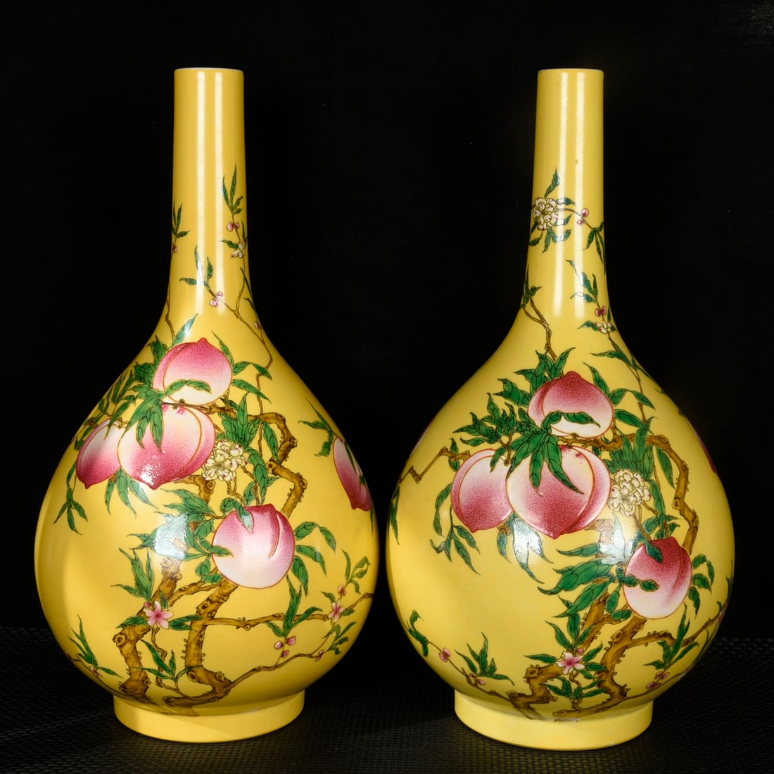 A Pair of Huge Yellow Ground Famille-Rose Bats and Peach Pattern Vases: A Pair of Huge Yellow Ground Famille-Rose Bats and Peach Pattern Vases,Qing Dynasty, China,Yongzheng Six-character Mark,Size:16.3inx9.1in 